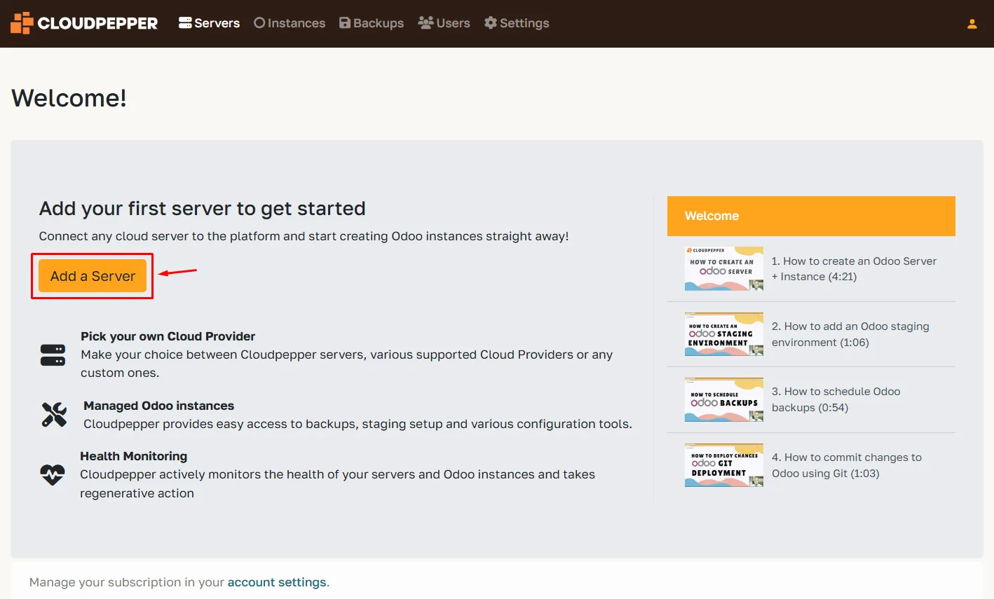 Add a Server button in the Cloudpepper dashboard