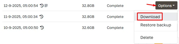 Options menu to download backup