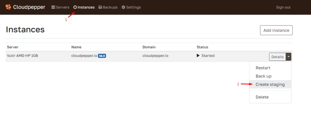 Create staging action in the Odoo instance menu
