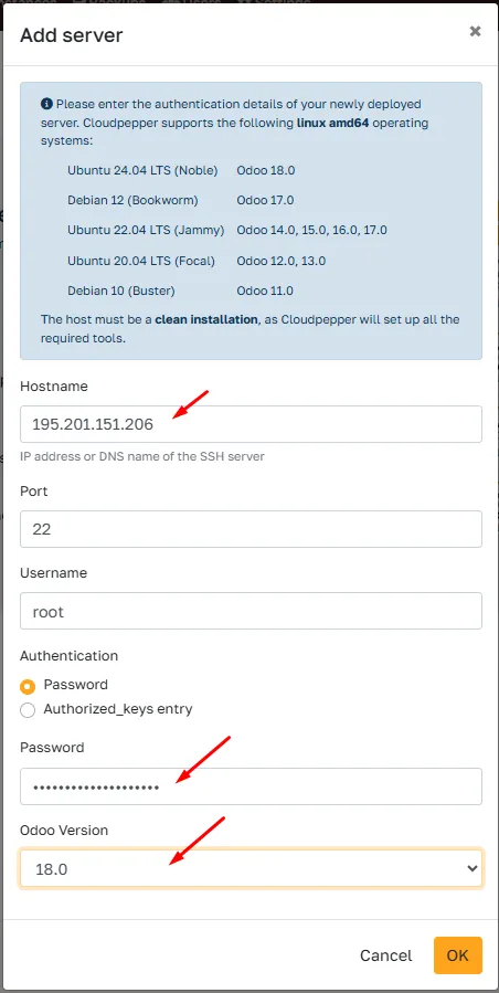 Server details input form