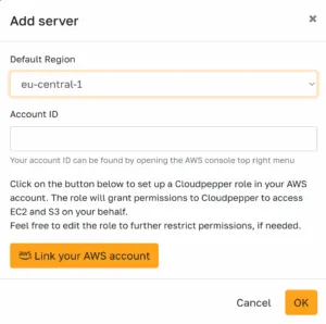 AWS account details form in Cloudpepper