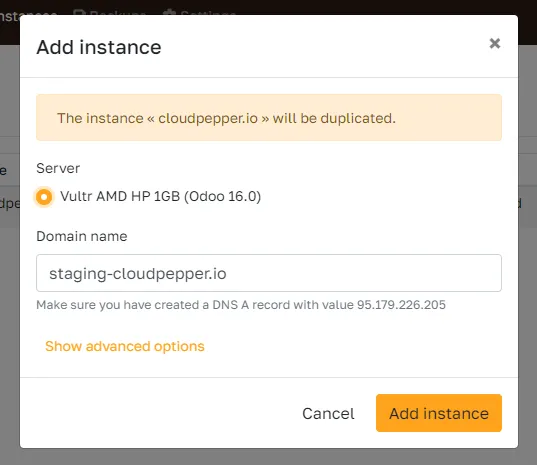 Create staging instance form with server and domain fields