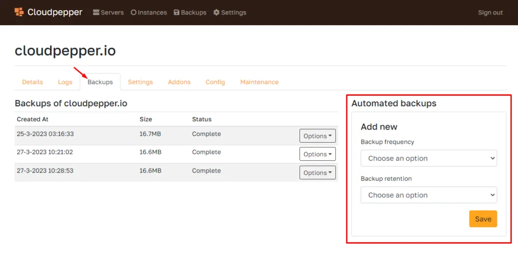 Backups tab with automated backup settings