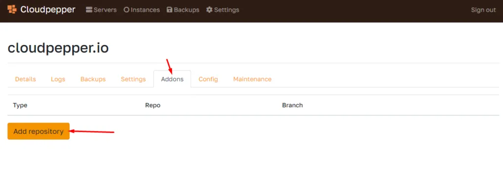 Addons section for adding a Git repository