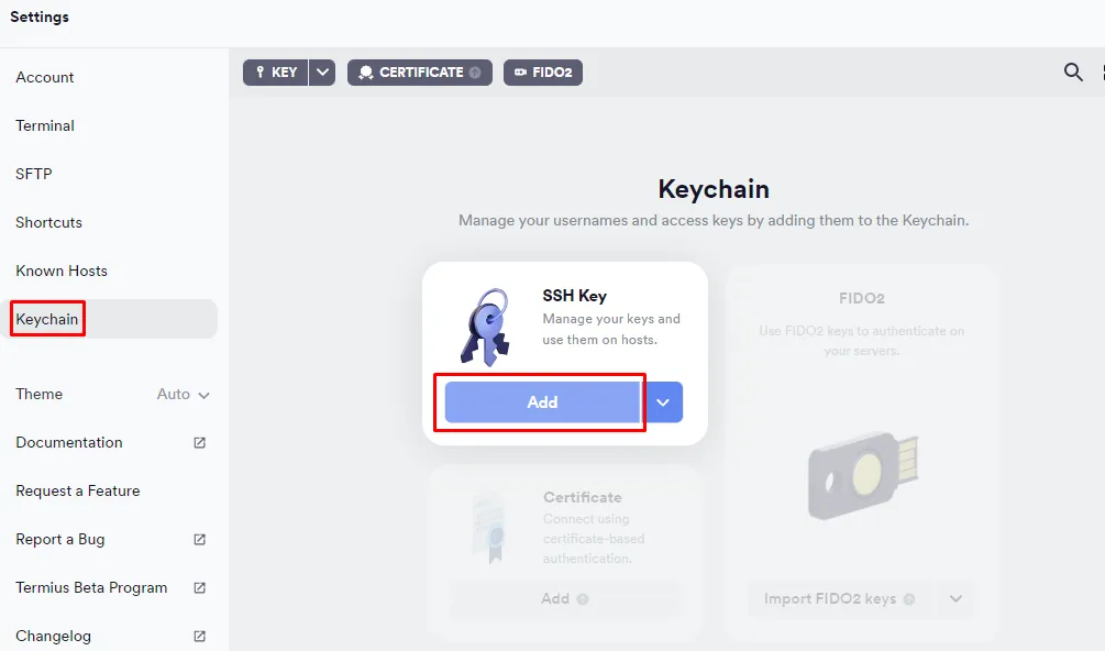 Termius keychain add key screen