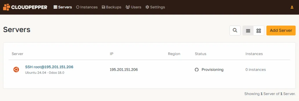 Server provisioning in the cloudpepper dashboard