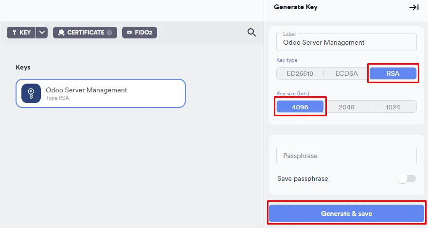 SSH key generation options in Termius