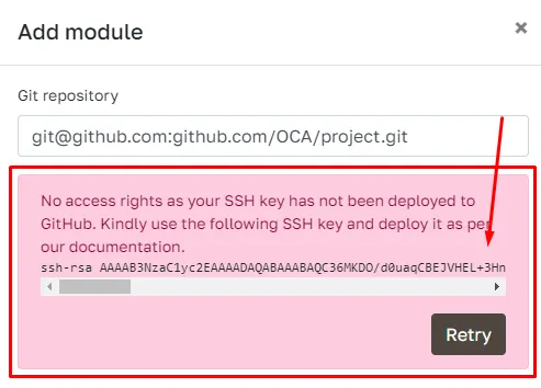 SSH deploy key shown for a private Git repository
