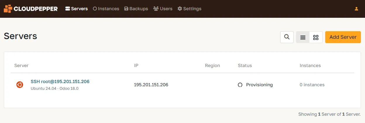 Server provisioning status in the Cloudpepper dashboard