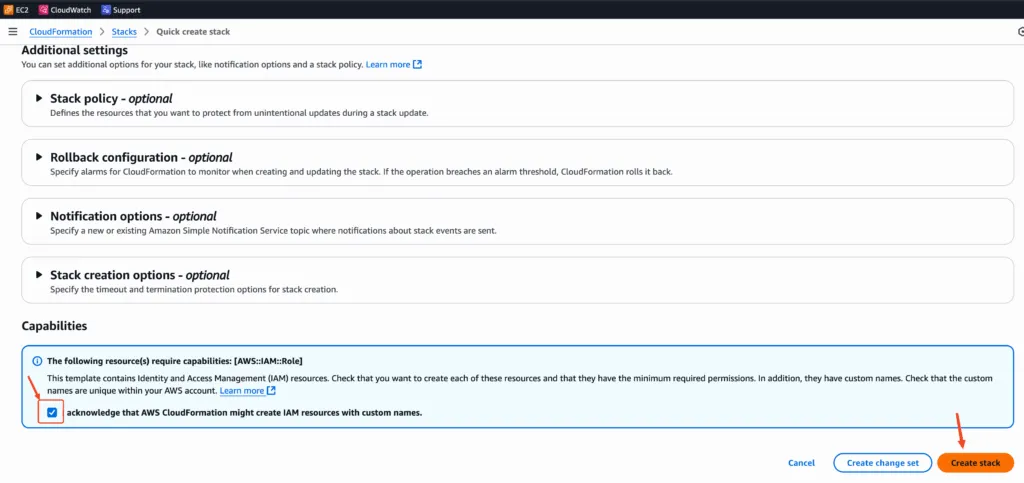 AWS CloudFormation create stack acknowledgement