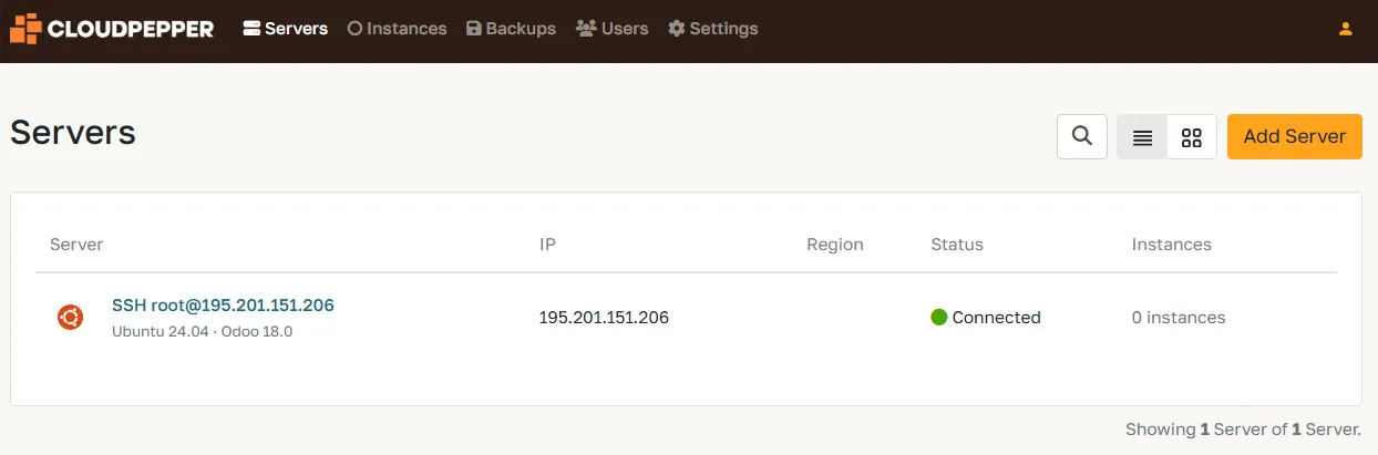 Server in connected status, ready for Odoo instances