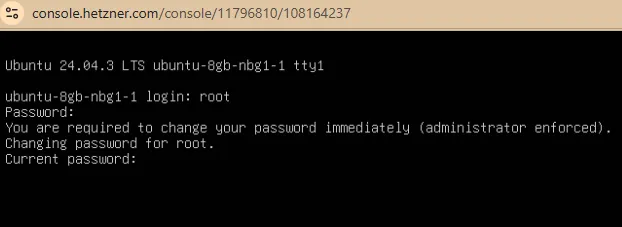 Hetzner console login screen