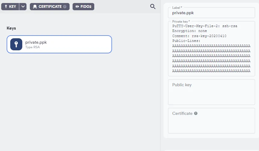 Private SSH key saved in Termius