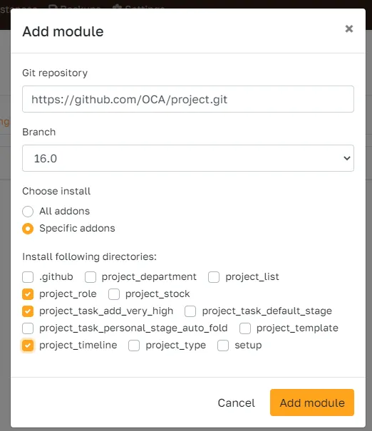 Select Odoo modules to install from a Git repository