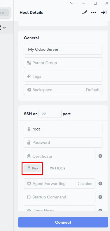 Host details screen with SSH key authentication