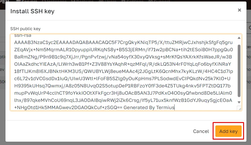 Paste public SSH key into Cloudpepper