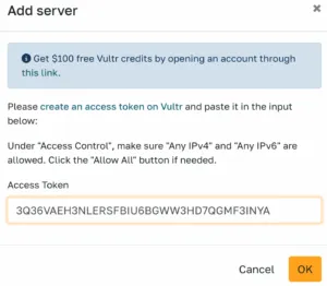 Vultr api key pasted in cloudpepper server dialog