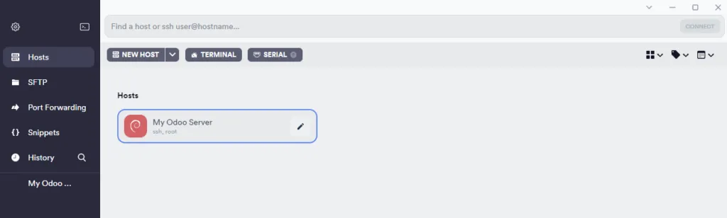 Saved Termius host ready for reconnecting