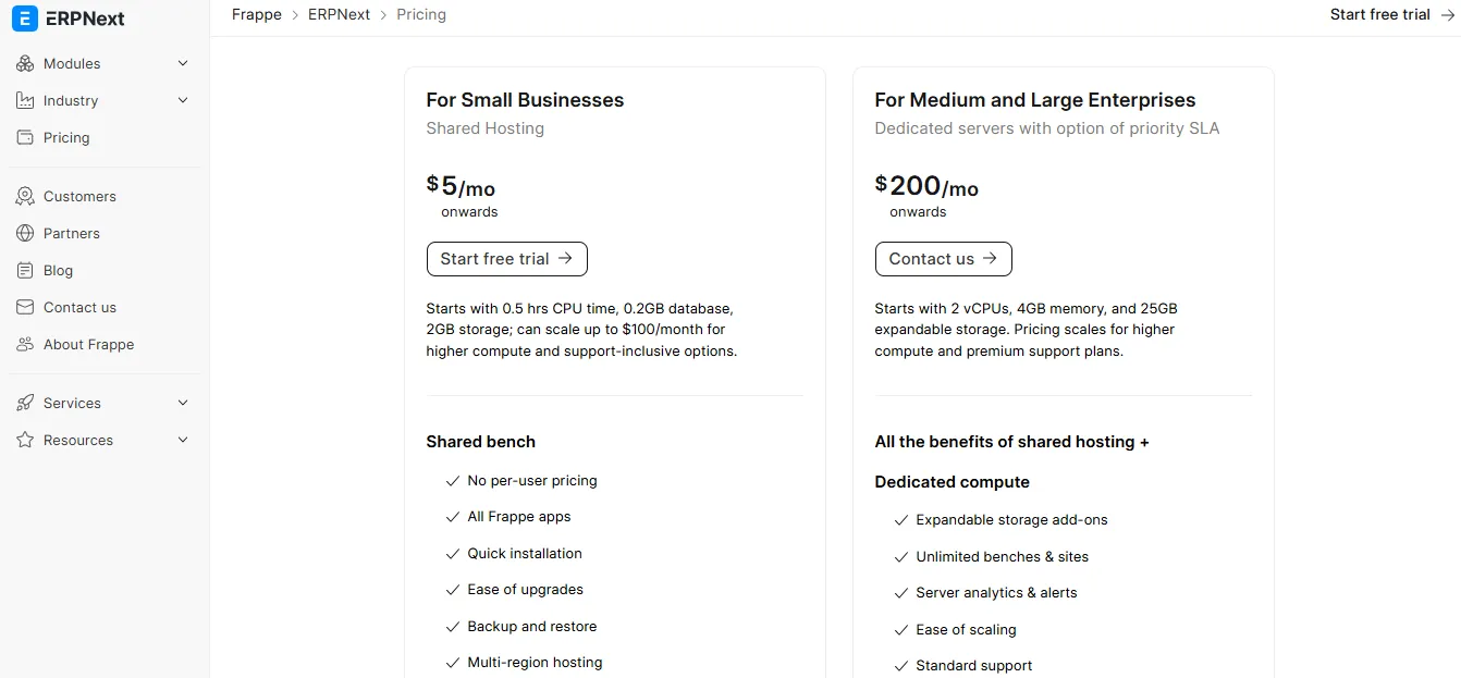 Odoo pricing tiers screenshot