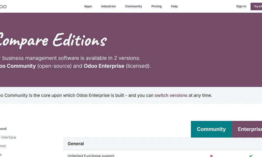 The comparison page on the Odoo website comparing Odoo Community and Enterprise.
