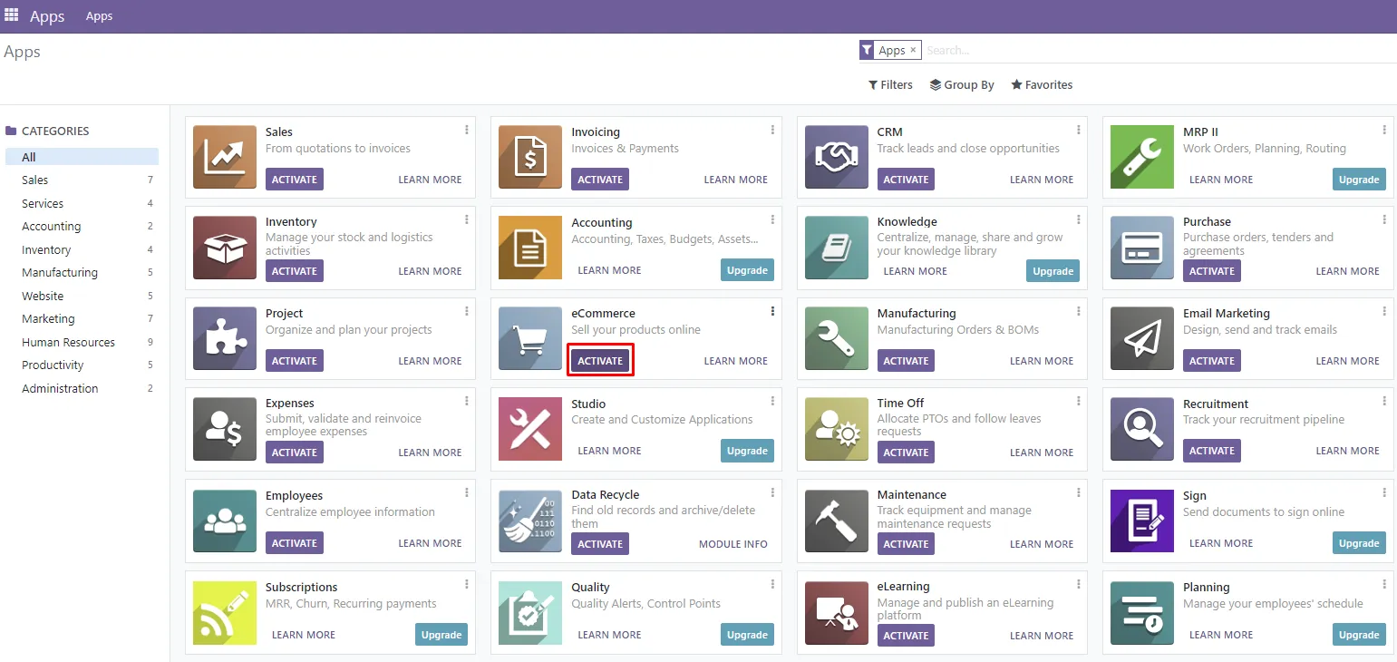 Odoo apps screen before installing the eCommerce module