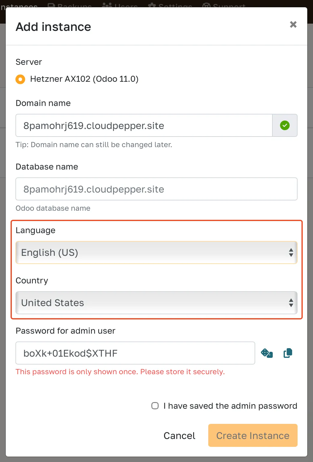 Select Country and language while creating an Odoo instance