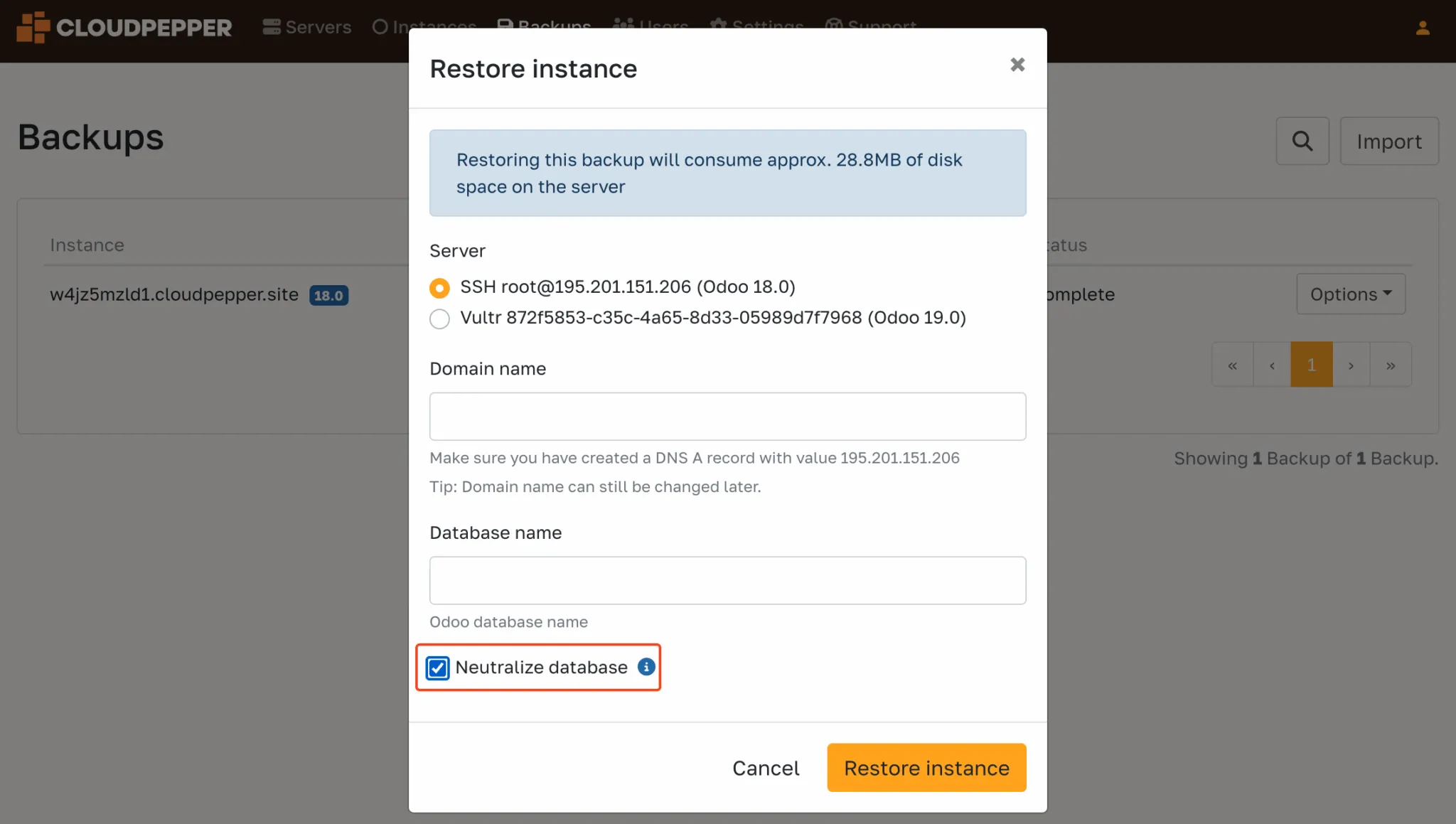 Neutralize database option on restoring Odoo backup prompt