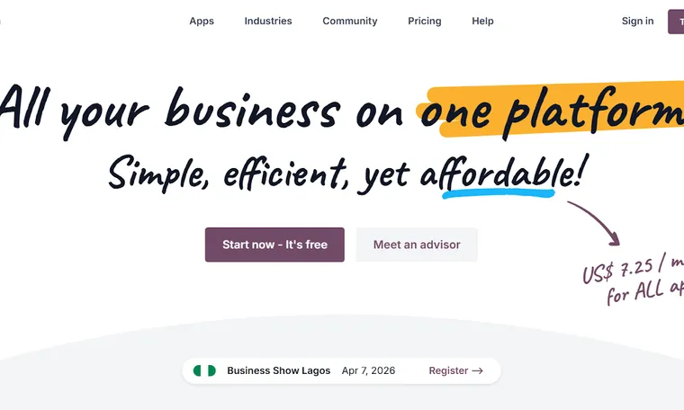 A screenshot image of the Odoo homepage.