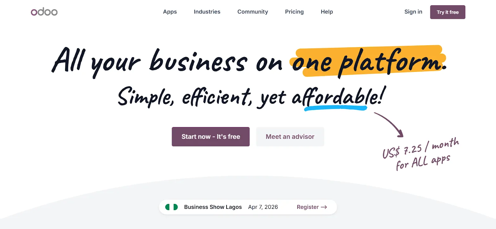 A screenshot of the Odoo official website homepage 
