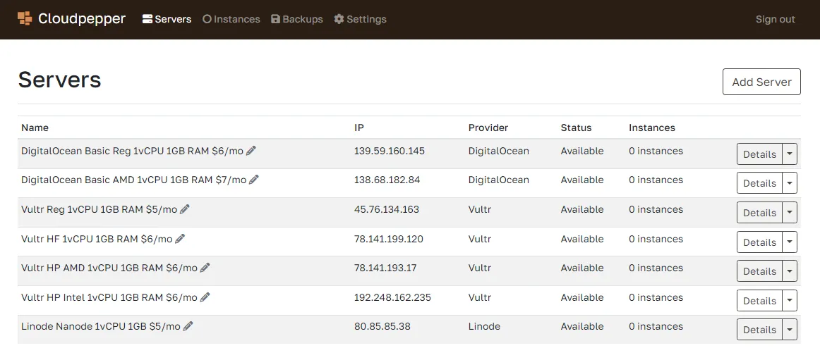 Overview of 8 provisioned servers on Cloudpepper