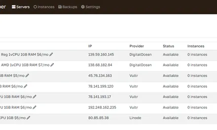 Overview of 8 provisioned servers on Cloudpepper