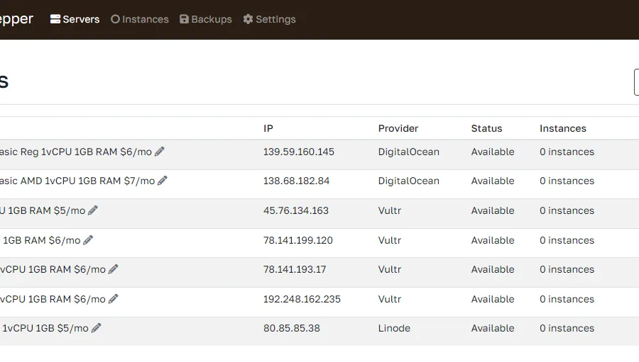 Overview of 8 provisioned servers on Cloudpepper