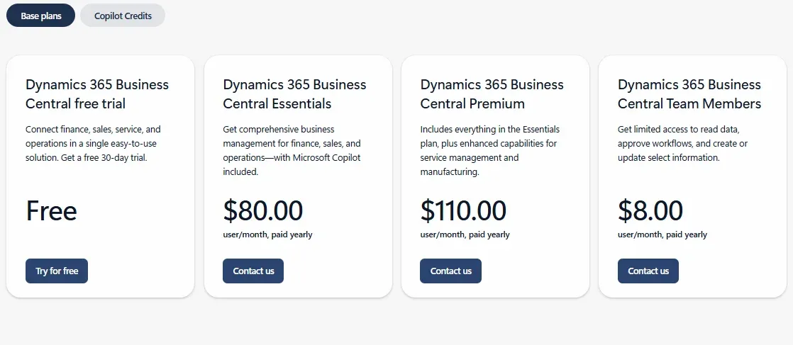 Microsoft Dynamics 365 pricing breakdown showing per-user plan costs