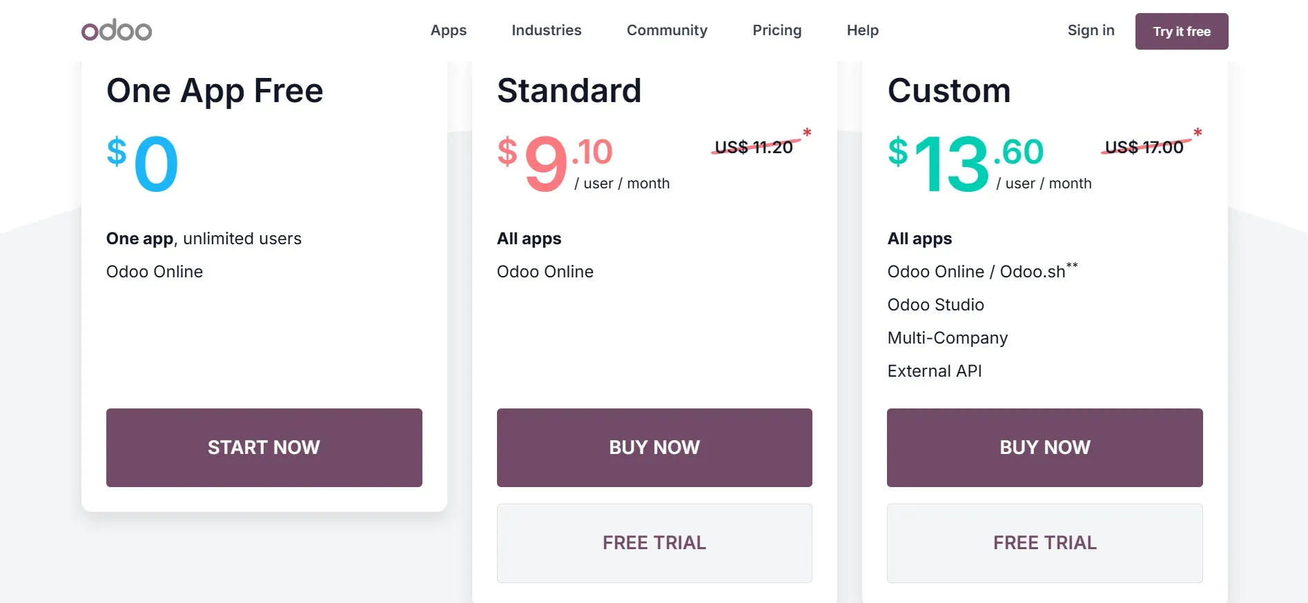 Odoo official pricing page 2026 showing Community, Standard, and Custom tiers