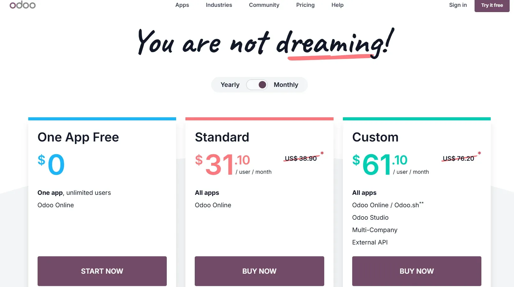 Odoo pricing plans 2026: One App Free, Standard, and Custom tiers