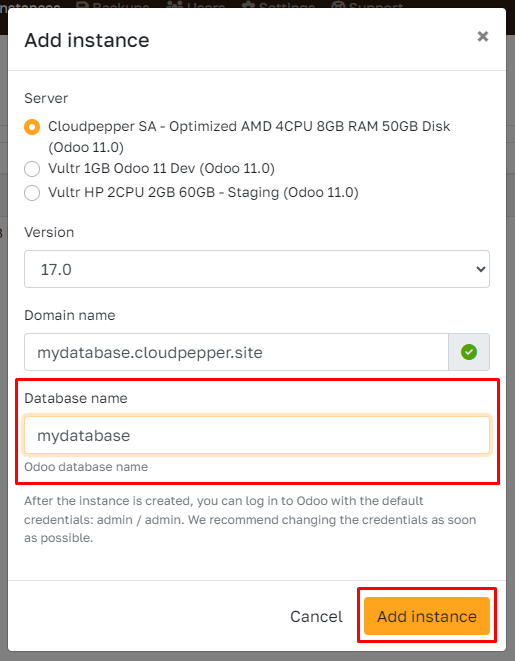 Choose a unique database name when creating an Odoo instance