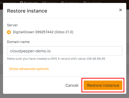 Choose server and domain name for the restored Odoo instance