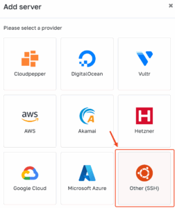 Other (SSH) option when adding a server to enter on-premise server details