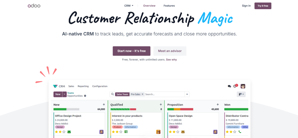A screenshot of the CRM module on Odoo’s website