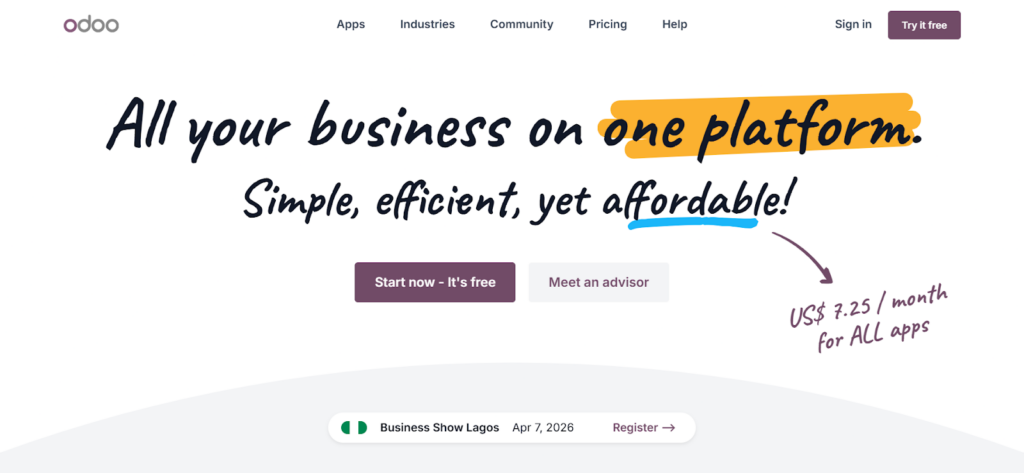 A screenshot of the Odoo official website homepage