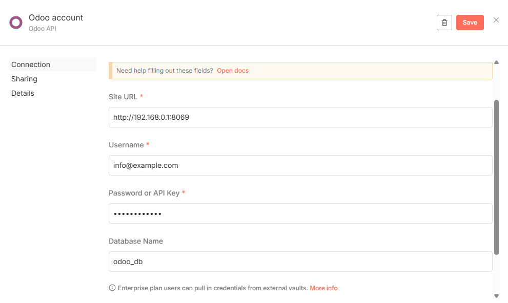 odoo n8n enter credentials